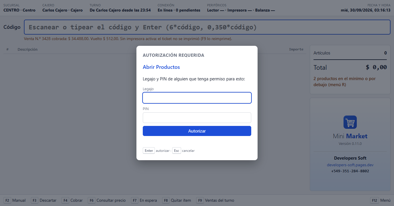Pedido de autorización: el cajero quiere abrir Productos y el sistema pide legajo y PIN de un encargado